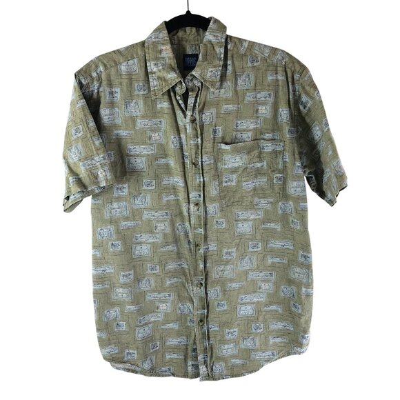 Essential Needs Mens Button Down Shirt Novelty Fish Print Cotton Beige S - Picture 1 of 4